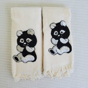 2 Martex Embroidered Panda Bear Towels Vintage Fringe Vintage 18"x10.5" Beige